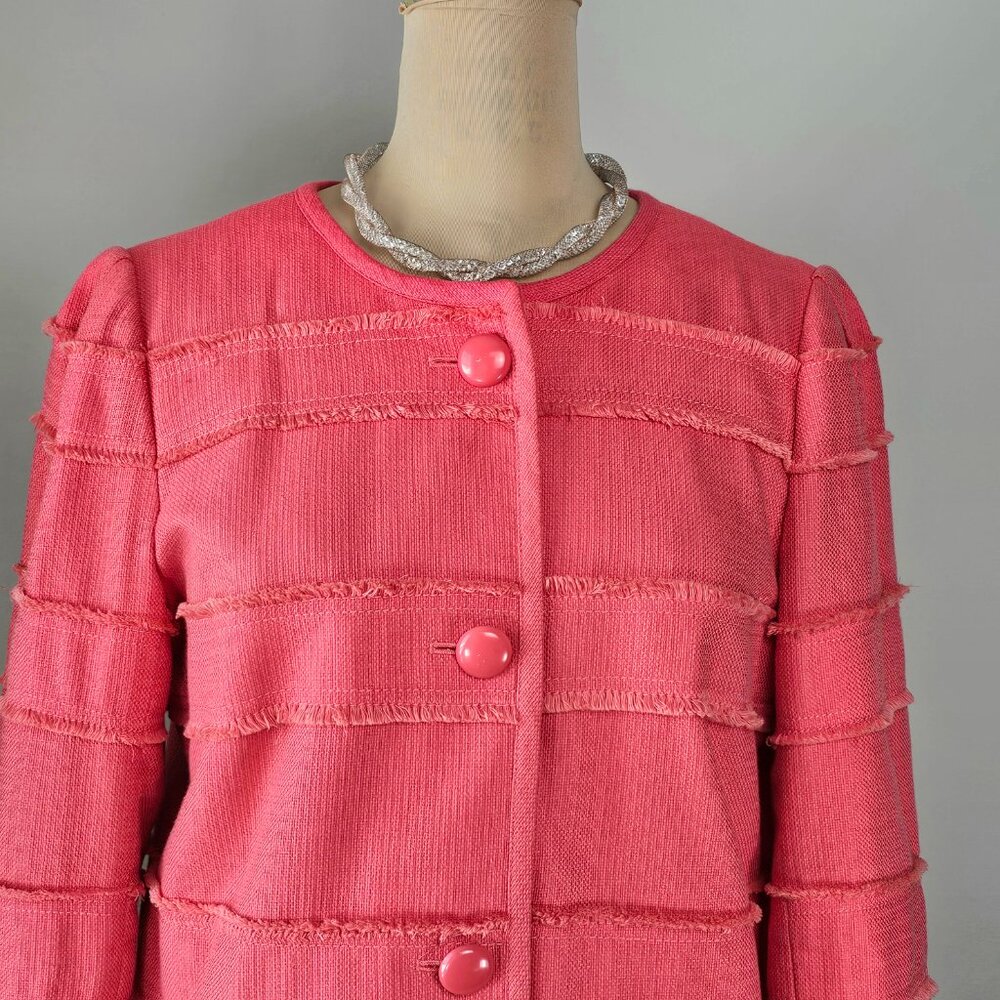 J.Crew Coral Fringe-Trim Cropped Jacket Size 10 Raw Edge Tiered Statement Blazer - Picture 11 of 13
